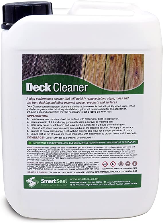 Smartseal Deck Cleaner - NO PRESSURE WASHING REQUIRED! Concentrated, fast acting decking cleaner that quickly removes lichen, green algae and dirt on wooden decks and garden furniture. (5 Litre)