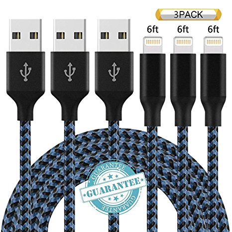DANTENG Lightning Cable 3Pack 6FT Nylon Braided Certified iPhone Cable USB Cord Charging Charger for Apple iPhone X, 8, 7, 7 Plus, 6, 6s, 6 , 5, 5c, 5s, SE, iPad, iPod Nano, iPod Touch (BlackBlue)