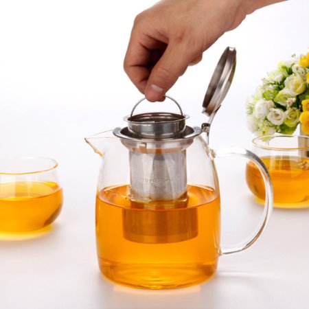 Toyo Glass Teapot with Stainless Steel Lid(Push-on-Lid), Large Capacity Water Pot with Safe Filter - No Spill- Heat Resistant Elegant Glass Teapot,Tea Kettle for Home,42 Oz/1200ML