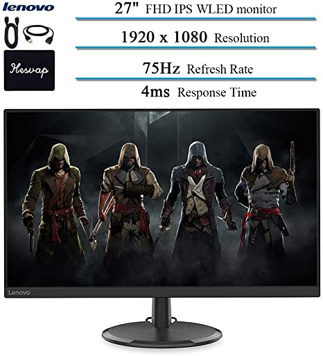 2020 Lenovo 27 Inch WLED Monitor for Business and Student, FHD, IPS, FreeSync, 75Hz Refresh Rate, HDMI, VGA, 16.7 Million Colors, 4ms Response Time, Ergonomic Design, Black w/HESVAP 3in1 Accessories