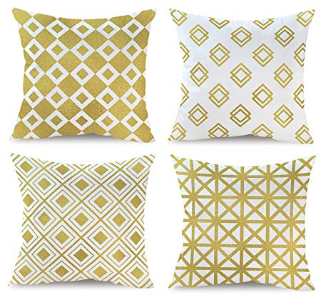 BLUETTEK Modern Vibrant Gold Foil Print Metallic Shiny Soft Throw Pillow Covers Set for Bedroom, Living Room, Couch (Gold Diamond Set of 4)