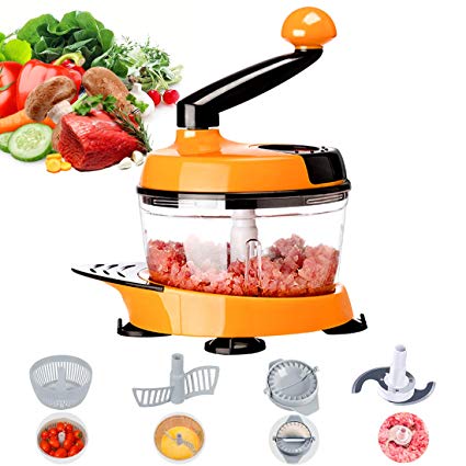 MIGECON Manual Vegetable Chopper, Hand Held Food Processor for Fruits/Vegetables/Meats/Nuts/Herbs/Onions/Salad, Meat Mincer with 2 Blades 3 Blades Mixer (Orange)