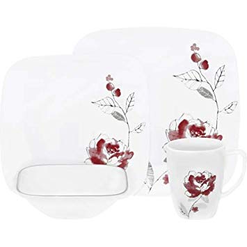Corelle 16-Piece Vitrelle Glass Blushing Rose Chip and Break Resistant Dinner Set, Service for 4, Red/Grey