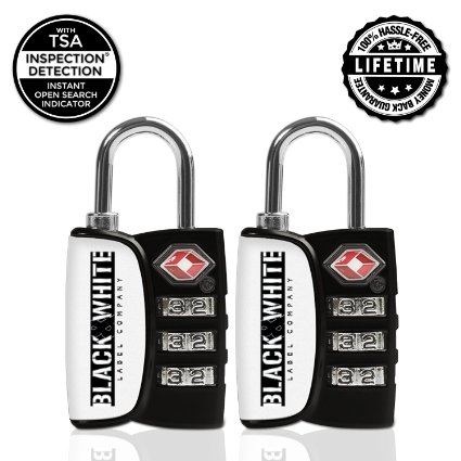 (2) TSA Lock Premium TSA Accepted 3 Digit Combination Travel Luggage Lock W/ Inspection Detection® Open Search Indicator - Travel Sentry Safety & Security Protection Heavy Duty Suitcase Padlock Lifetime Warranty - White/Black Double Pack