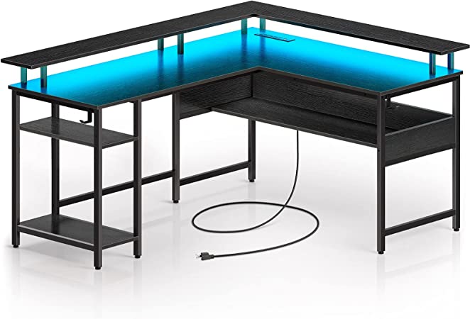 Rolanstar Computer Desk L Shaped with LED Strip & Power Outlets, Reversible L Shaped Computer Corner Desk with Monitor Stand, Home Office Gaming Desk with USB Port&Hook, Black