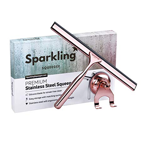 Sparkling Shower Squeegee - Rose Gold Wiper Tool with Matching Suction Cup Hanger - Strong Flexible 10" Silicone Blade Clears Water and Scum Off Surfaces Like Tile, Glass, Window, Mirror and Counter