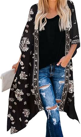 Dokotoo Womens 2024 Fashion Print Kimono Tassel Casual Cardigan Loose Cover up