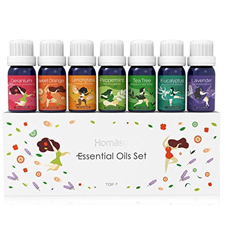 VicTsing Homasy Essential Oils Set, 100% Pure 10ml *7 Aromatherapy Oils Gift Set,Top 7 Pure of The Oils Geranium, Lavender,Peppermint, Tea Tree, Sweet Orange, Lemongrass, Eucalyptus