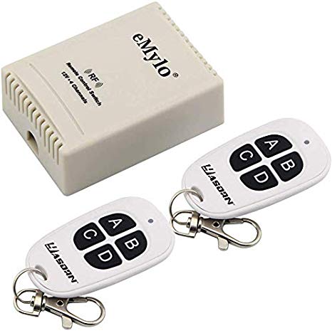 eMylo RF Relay Switch Smart Remote Control Module Wireless 433Mhz Relay Receiver with Two Transmitters DC 12V 4-Channels for Light Garage Door, Electric Curtains, Locks, Water Pump