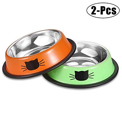 Legendog 2Pcs Cat Bowl Pet Bowl Stainless Steel Cat Food Water Bowl Non-Slip Rubber Base Small Pet Bowl Cat Feeding Bowls Set