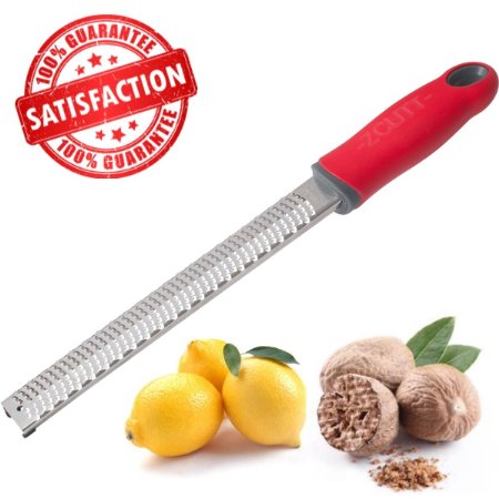 Zcutt8482 Artisan Zester Cheese Citrus and Spice Grater Sharp Stainless Steel Blade Includes Safety Cover and Rubber Footings - Red Soft Grip Handle