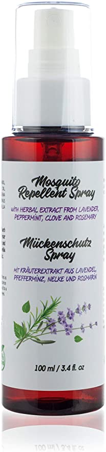 100% Natural Mosquito Repellent Spray with Herbal Extract from Lavender, Peppermint, Clove and Rosemary. For the Whole Family, 100 ml.