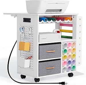 CRAFTEASE Rolling Craft Cart and Storage Table Compatible with Cricut Machines Foldable Craft Cabinets w/USB Ports & Outlets Vinyl Roll Holder Cricut Accessories Organizer Workstation for Craft Room