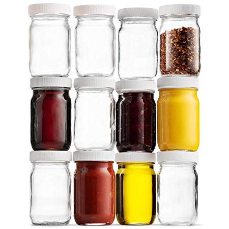 Small Glass Mason Jars 4 Ounce Mini Jars Full-Width Mouth, BPA Free Plastic Airtight Lid, For Jam, Jelly, Dressings, baby food, Crafts, Spices, Food Storage, Wedding favors, Decorating Jar (12 Pack)