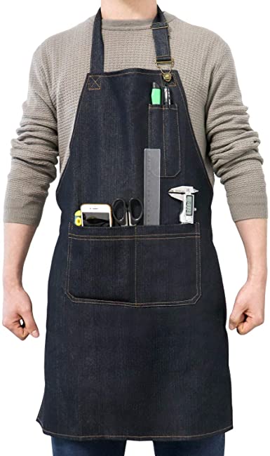 QWORK Heavy Duty Denim Work Apron With Pockets, Adjustable Jean Tool Apron for Men and Women