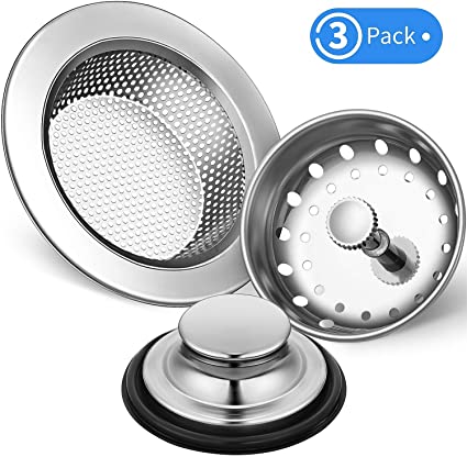 3 Pieces Kitchen Sink Stopper Strainer Garbage Disposal Plug, Stainless Steel Universal Anti-Clogging Kitchen Sink Filter Sieve Basket Strainer, Wide Rim for Kitchen Sink Drain