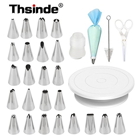 Thsinde 29 Pcs Cake Decorating Supplies Tip with Turncake Turntable Rotating Cake Stand and Stainless Steel Icing Tip and Cake Brush and Cutter