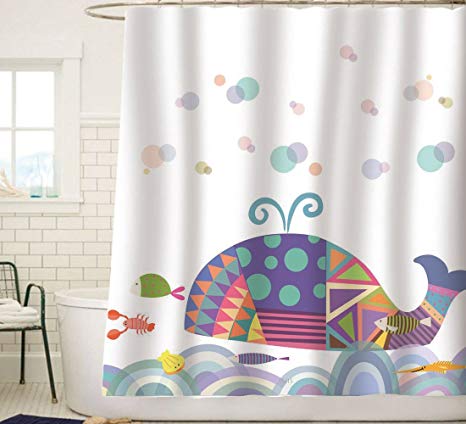 Sunlit Colorful Geometric Whale Waves Bubble Shower Curtain with Cute Marine Life Tropical Fish Shrimp, Fairy Tale Children Illustration Cartoon Abstract Bathroom Decor for Kids and baby White