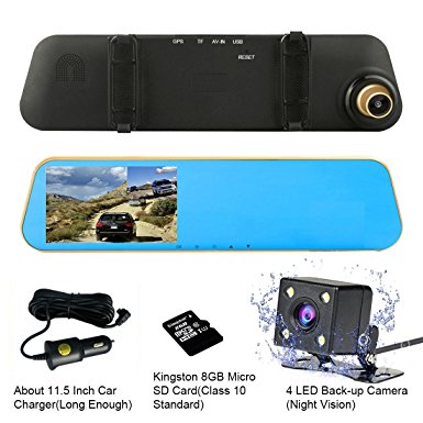 TENNBOO 4.3" Full HD 1080P Dual Lens Car Dash Camera 170°Wide Angle Front and Rear Mirror Mount DVR with G-Sensor, Loop Recording,Night Vision(8G Micro SD Card Included) (Gold)