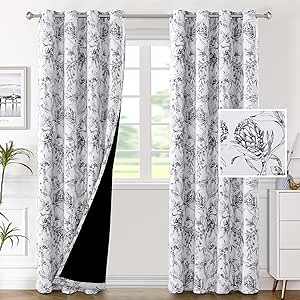 H.VERSAILTEX 100% Blackout Curtains for Living Room Camellia Floral Blackout Curtains 84 Inches Long Light Blocking Window Treatment Curtains with Black Liner Grommet Thermal Drapes, 2 Panels, Black