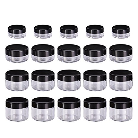 Hicarer 20 Pieces Cosmetic Containers Travel Pot Jar Set with Lid for Creams Sample Make-up Storage, 5, 10, 15 and 20 Gram (Black Lid and Clear Body)