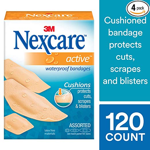 Nexcare Active Extra Cushion Bandages, Waterproof, Ideal For Sports, Assorted Sizes, 30 Count Packages (Pack of 4)