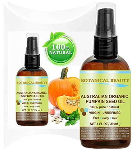 ORGANIC PUMPKIN SEED OIL Australian. 100% Pure / Natural / Undiluted /Unrefined Cold Pressed Carrier Oil. 1 Fl.oz.- 30 ml. For Skin, Hair, Lip And Nail Care. "One Of The Richest Sources Of Enzymes, Fatty Acids, Iron, Zinc, Vitamins A, C, E And K". Botanical Beauty