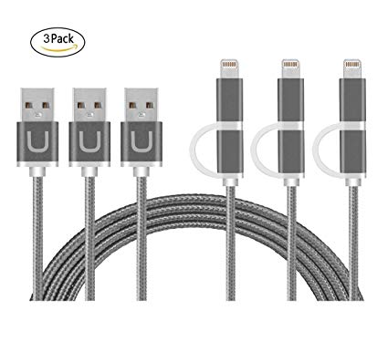 2-in-1 Nylon Braided lightning and Micro USB Cable,Upow High Speed Sync and Charging Cable Cord (1M/3.3ft) (3 Pack) (Space Grey)