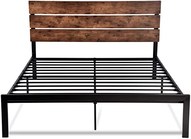 Allewie Queen Size Platform Bed Frame with Wood headboard and Metal slats/Rustic Country Style Mattress Foundation/Box Spring Optional/Strong Metal Slats Support/Easy Assembly