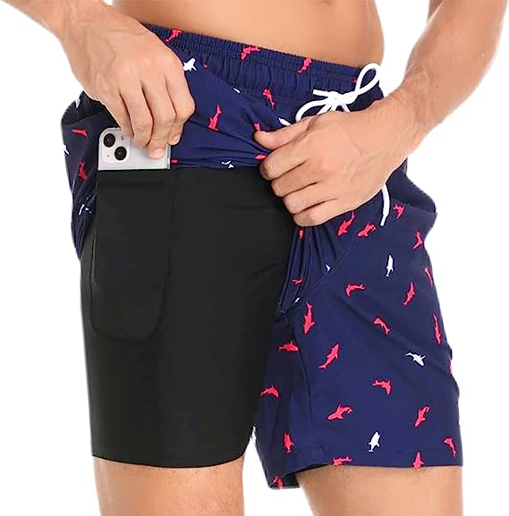 Aisprts Swimming Shorts Men, Swimming Trunks with Compression Liner 2 in 1 Quick Dry Stretchy Mens Swim Shorts Surfing Beach Shorts with 2 Zipper Pockets