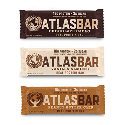 Atlas Bar - Keto/Paleo/Low Carb/All Natural Protein Bar, Variety Pack (12-pack, 4 of each) - Grass Fed Whey, Low Sugar, All Natural, Gluten Free, Soy Free, and GMO Free