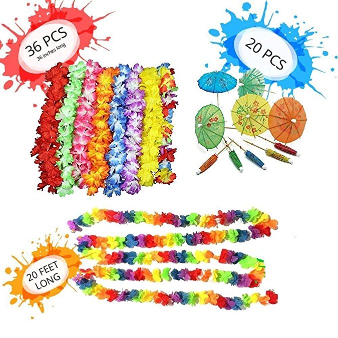 Luau Party Supplies Decorations Pack - 36 Tropical Hawaiian Flower Leis Birthday Party Favors - 2x10 Ft Long Tropical Multicolored Garland - 20 Cocktail Drink Paper Parasol Umbrellas