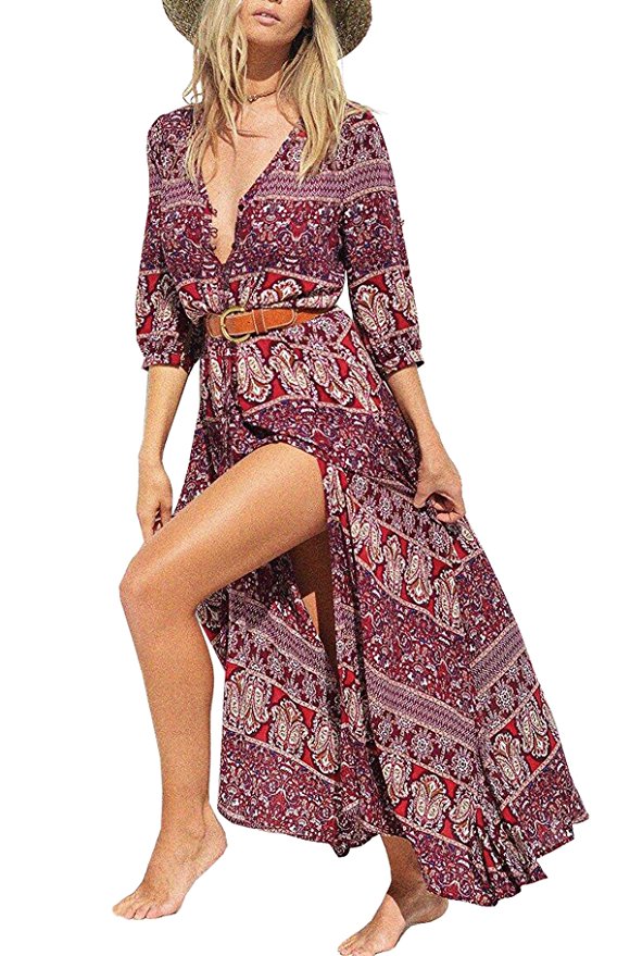 R.Vivimos Women Summer Button up Floral Print Split Beach Maxi Dresses