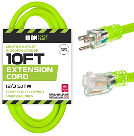 10 Foot Outdoor Extension Cord - 12/3 SJTW Neon Green High Visibility 12 Gauge Lighted Extension Cable with 3 Prong Grounded Plug for Safety