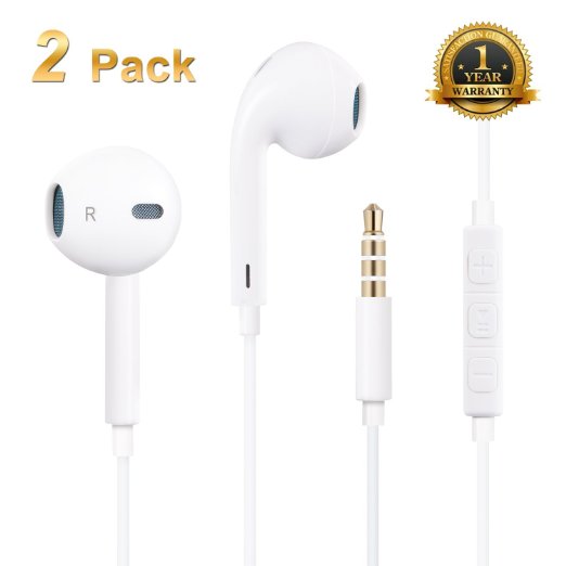 Sundix 2 Pack Headphones Earphones Earbuds with Stereo Mic & Remote Control for iPhone 6, 6s, 6 Plus, 6s plus, iPhone 5s 5c 5, iPad /iPod ,iPhone SE