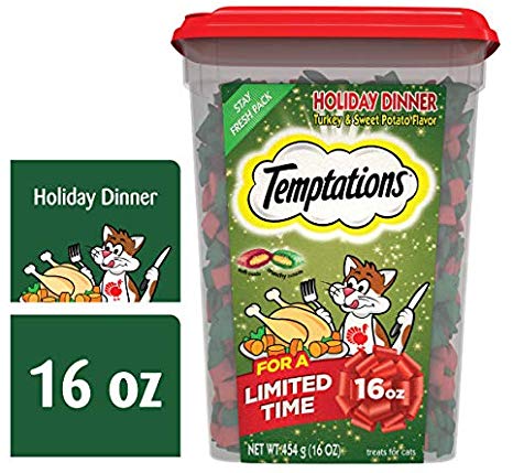 TEMPTATIONS Holiday Dinner Turkey and Sweet Potato Flavor Cat Treats, 16 oz. Tub