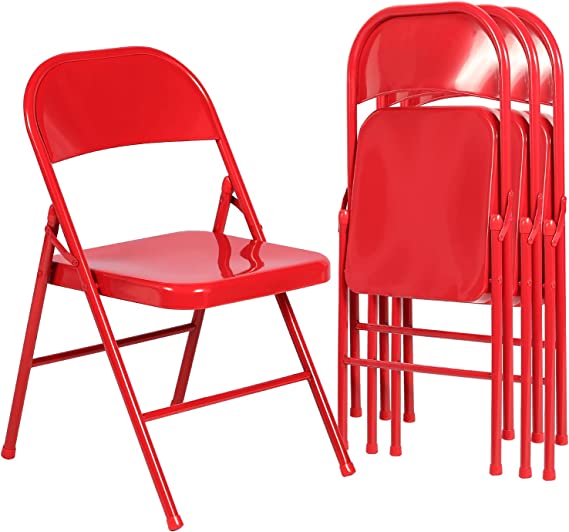 VECELO Metal Frame Steel Folding Mounted Chairs with Triple Braced & Double Hinged Back for Home Office,350-Pound Capacity,Red,4 Pack, Set of 4