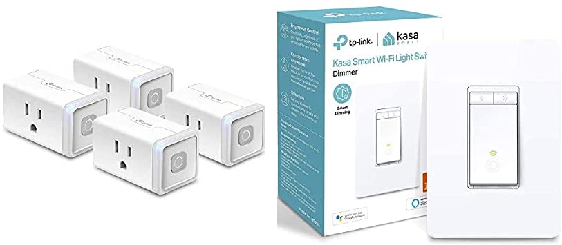 Kasa Smart Plug by TP-Link, Smart Home WiFi Outlet 12 Amp, UL Certified, 4-Pack & Dimmer Switch by TP-Link, Single Pole, Needs Neutral Wire,WiFi Light Switch for LED Lights,UL Certified, 1-Pack