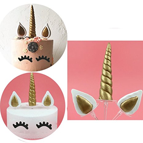 （set of 5） Handmade Gold Unicorn Birthday Cake Topper. Unicorn Horn, Ears and Eyelash Set. Unicorn Party Decoration for baby shower，wedding and birthday party