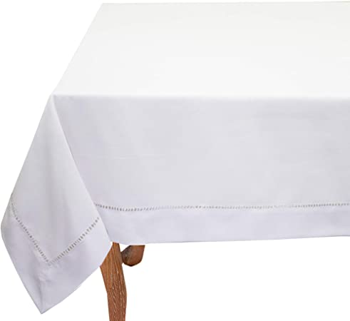 Fennco Styles Classic Solid Color Hemstitched Border 65 x 140 Inch Table Cloth for Dining Table, Dinner Parties, Wedding, Machine Washable, White