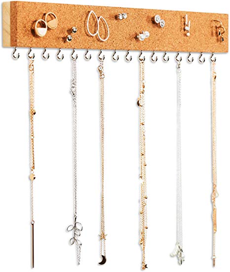 Stud Earring Organizer Hanging Holder with Cork Board - Wall Mount Jewelry Organizers - Necklace Display Rack - Mounted Cork Jewelry Display - Storage Hanger for Necklaces and Stud Earrings