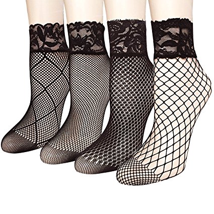 4 Pairs Women's Lace Fishnet Sheer Ankle Dress Socks - Stylish Black