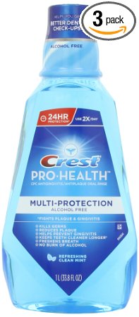 Crest Pro-health Multi-Protection Alcohol Free, Clean Mint/Clear Mint (Package may vary), 1-liter Bottles (Pack of 3)