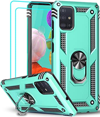 Samsung Galaxy A51 Case (Not Fit A51 5G) with Tempered Glass Screen Protector [2 Pack], LeYi [Military Grade] Defender Protective Phone Case with Car Ring Holder Kickstand for Samsung A51, Mint