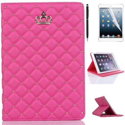YiaMia iPad Mini Case, Crown Plaid Golden Alloy Crystal Diamond Protective Leather Case for Apple iPad Mini 1/2/3, Smart Cover w/ Automatic Wake Up/Sleep Function Flip Stand Holder Cover Cases - (Hot Pink)