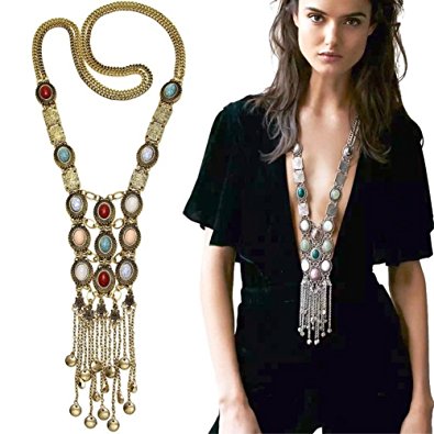 Miraculous Garden Womens Vintage Alloy Silver/Gold Long Ethnic Tribal Boho Beads Fringe Necklace Bohemia Style