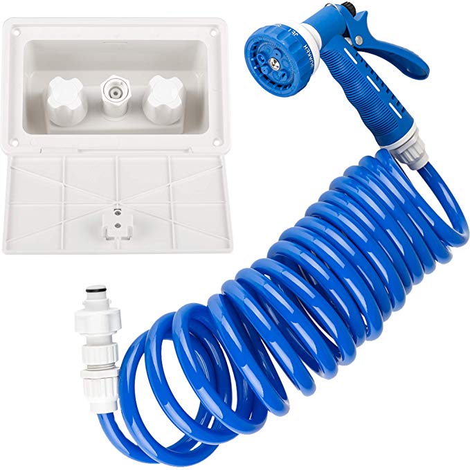 Dura Faucet RV Exterior Quick Connect Sprayer with 7 Settings, 15-Foot Coiled Hose, and Exterior Spray Box Kit (White) - New 2019 Model
