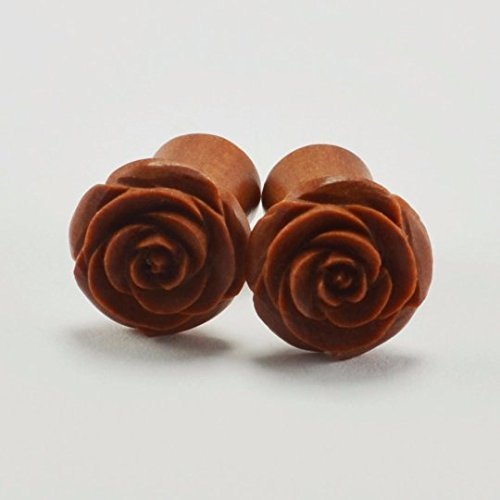 Rose Fake Gauges – Hand Carved Rose Earrings – Sabo Wood - Faux Gauges