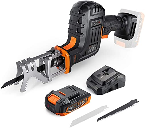 TACKLIFE 20V MAX Reciprocating Saw, 2A Lithium Battery & Charger, 0~3000SPM Variable Speed, Compact Saber Saw, 2 Blades (6TPI for Wood, 24TPI for Metal), LED Light - DRS01A