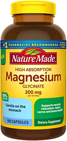 Nature Made High Absorption Magnesium Glycinate 200 mg Capsules for Muscle Relaxation 180 Count